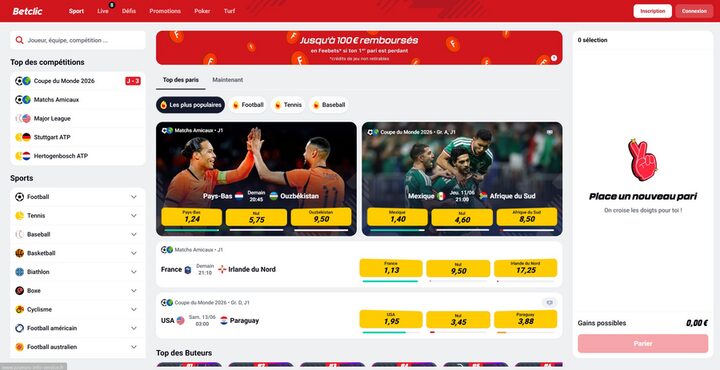 Capture de la page d'accueil du site Betclic, opérateur agréé ANJ