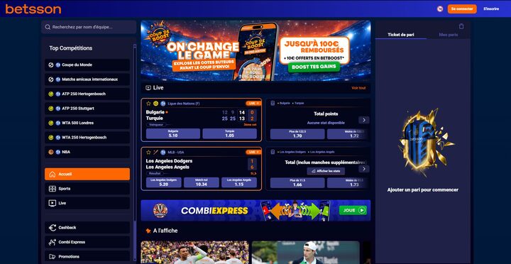 Capture de la page d'accueil du site Betsson, opérateur agréé ANJ