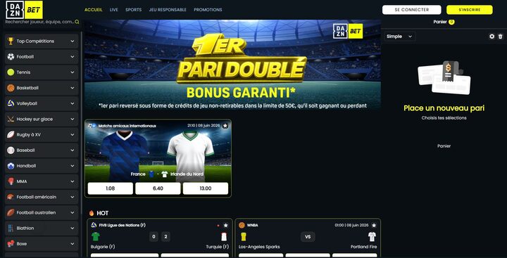 Capture de la page d'accueil du site Daznbet, opérateur agréé ANJ