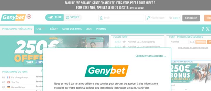 Capture de la page d'accueil du site Genybet, opérateur agréé ANJ