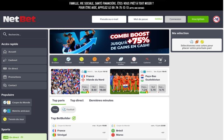 Capture de la page d'accueil du site Netbet, opérateur agréé ANJ