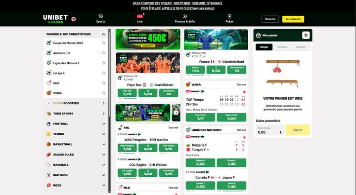 Capture de la page d'accueil du site Unibet, opérateur agréé ANJ