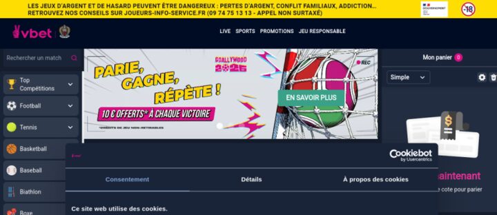 Capture de la page d'accueil du site Vbet, opérateur agréé ANJ
