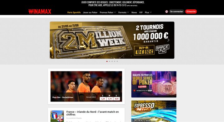 Capture de la page d'accueil du site Winamax, opérateur agréé ANJ
