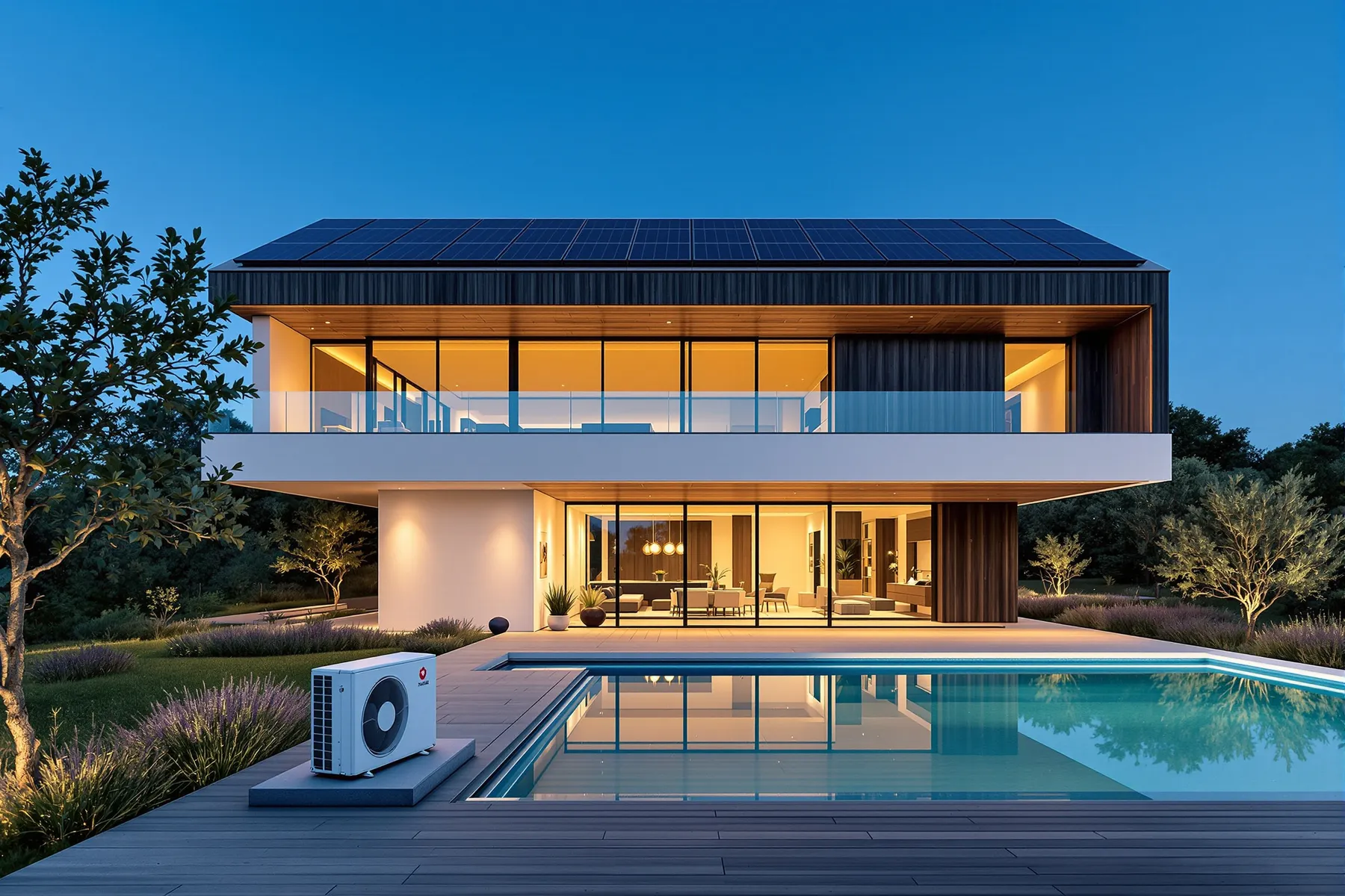 Villa d'architecte avec pompe à chaleur, toit solaire, baies vitrées et piscine