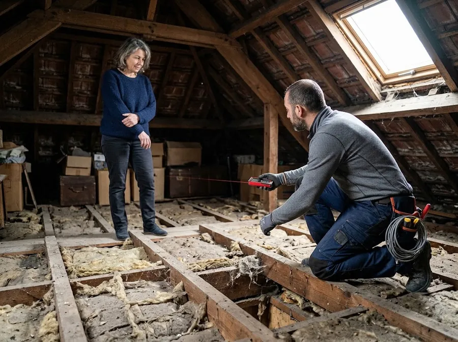 Un artisan mesure des combles avec la propriétaire