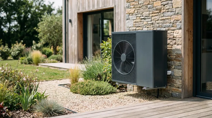 Pompe a chaleur air-eau contre une facade de maison