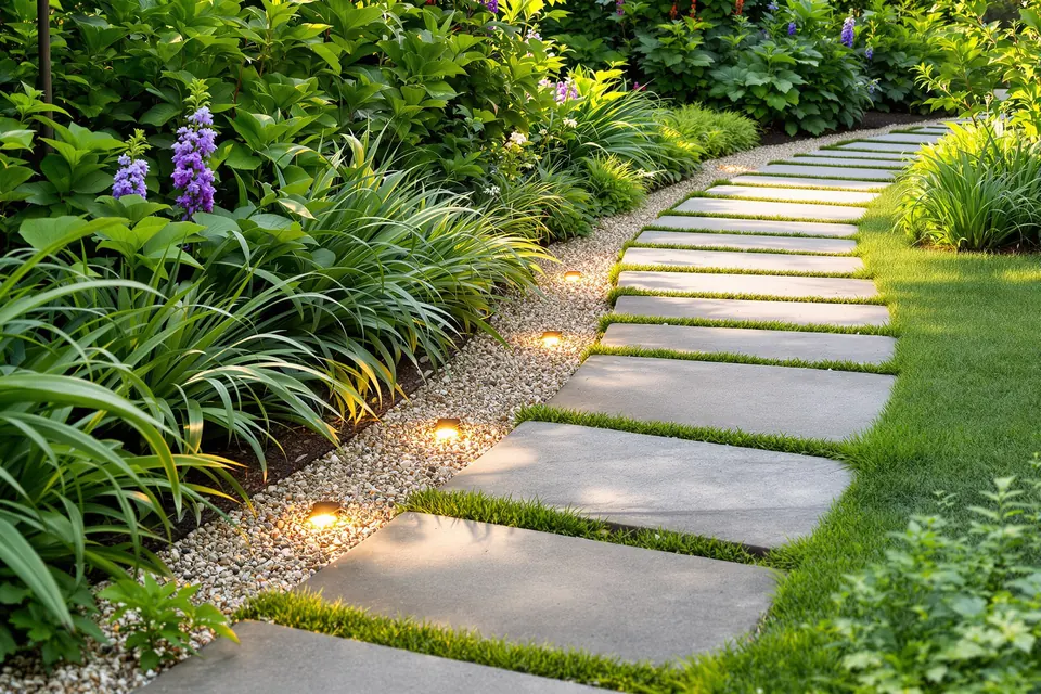 Une allée de jardin en pas japonais, avec des joints de gravier qui laissent passer l'eau.