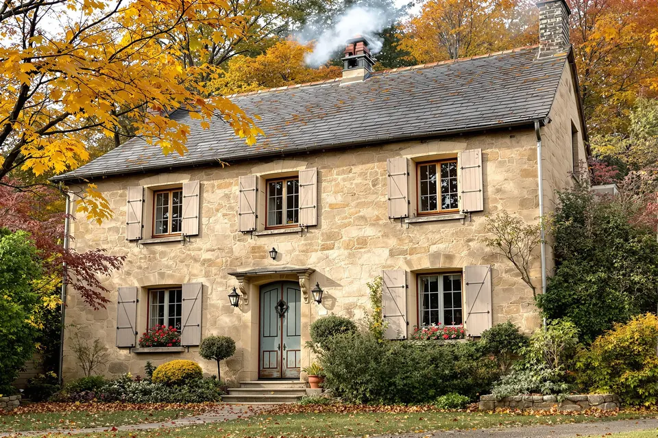 Maison ancienne en pierre aux fenêtres en bois