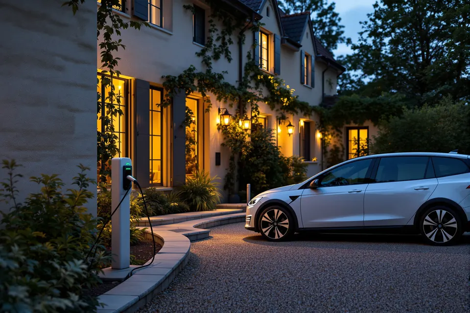 Voiture électrique en charge devant une maison au crépuscule