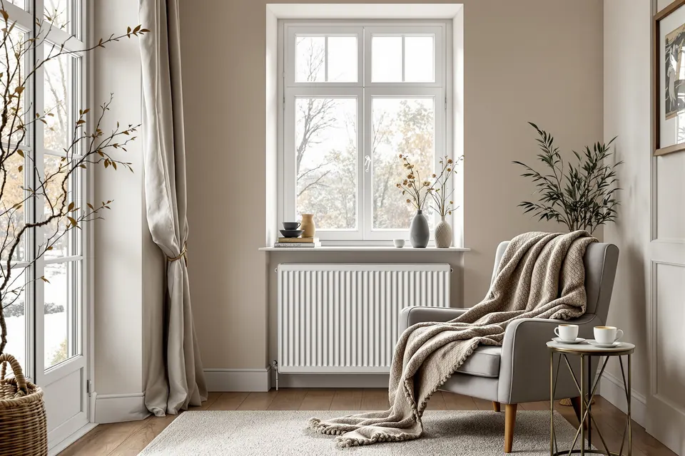 Salon chaleureux en hiver avec un radiateur sous la fenêtre