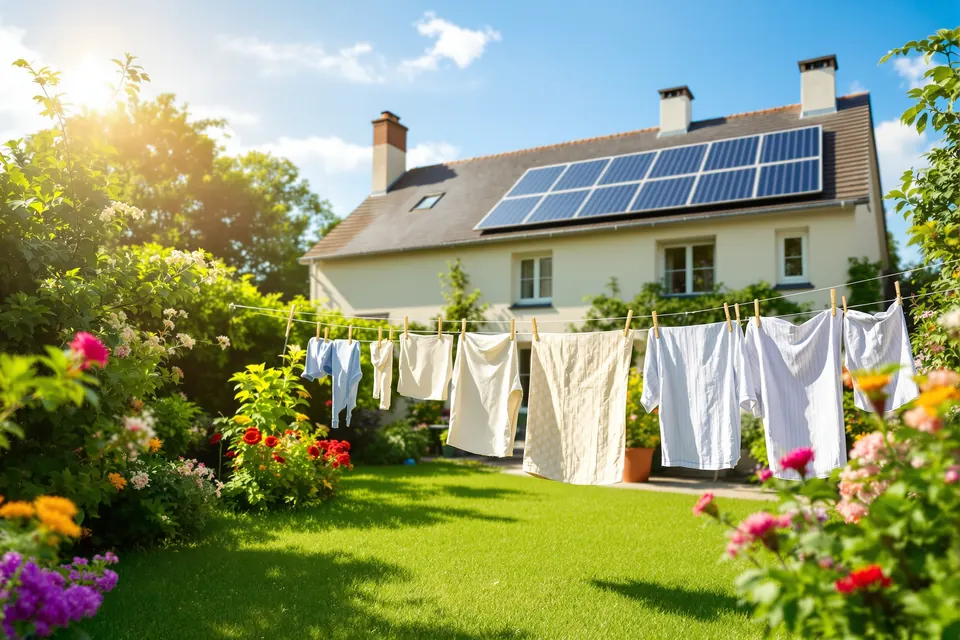 Jardin ensoleillé devant une maison équipée de capteurs solaires