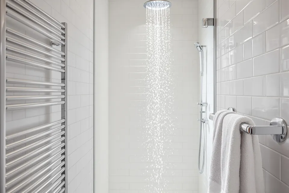 Douche à l'italienne avec de l'eau chaude et un peu de vapeur