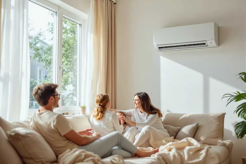 Famille au frais dans son séjour un jour de canicule