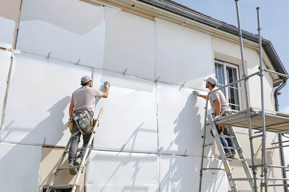 Pose de panneaux isolants sur une façade pour une isolation par l'extérieur