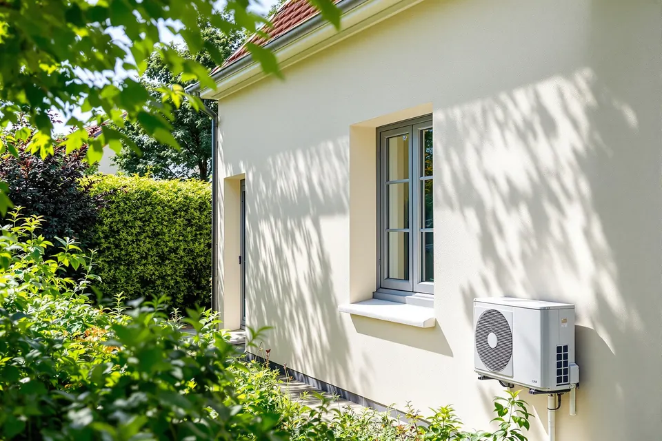 Maison rénovée avec une façade isolée et une pompe à chaleur