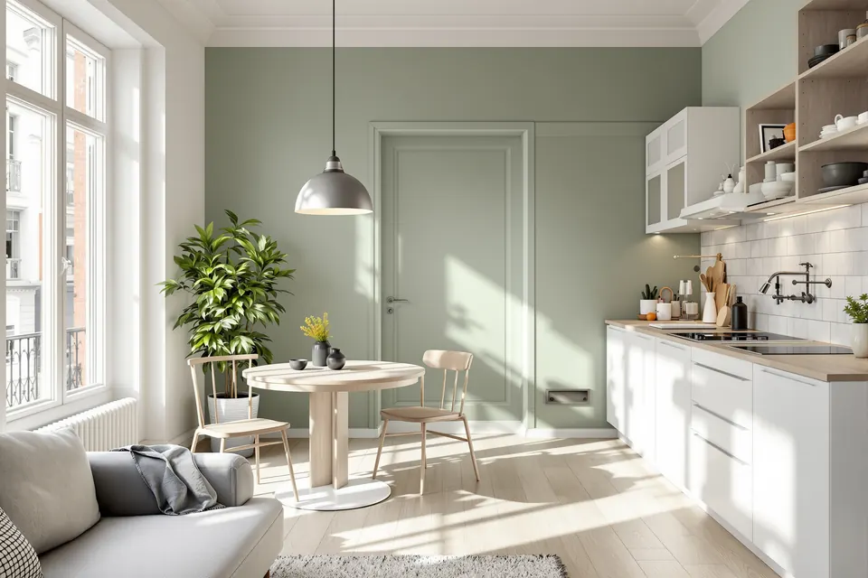 Petit appartement rénové avec cuisine ouverte et mur vert sauge