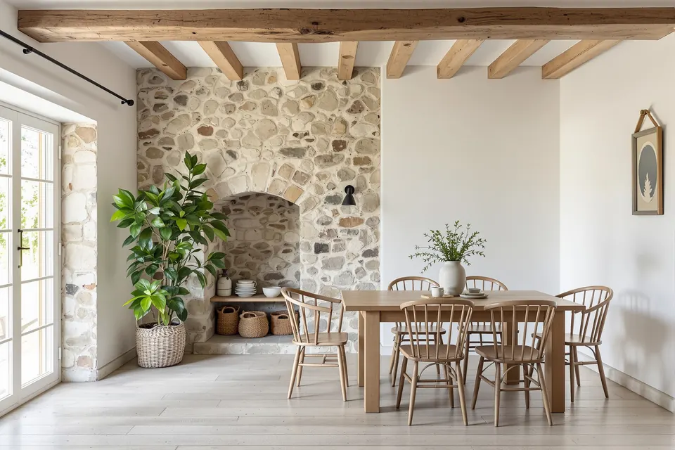 Salle à manger rénovée avec un mur en pierre et des poutres apparentes