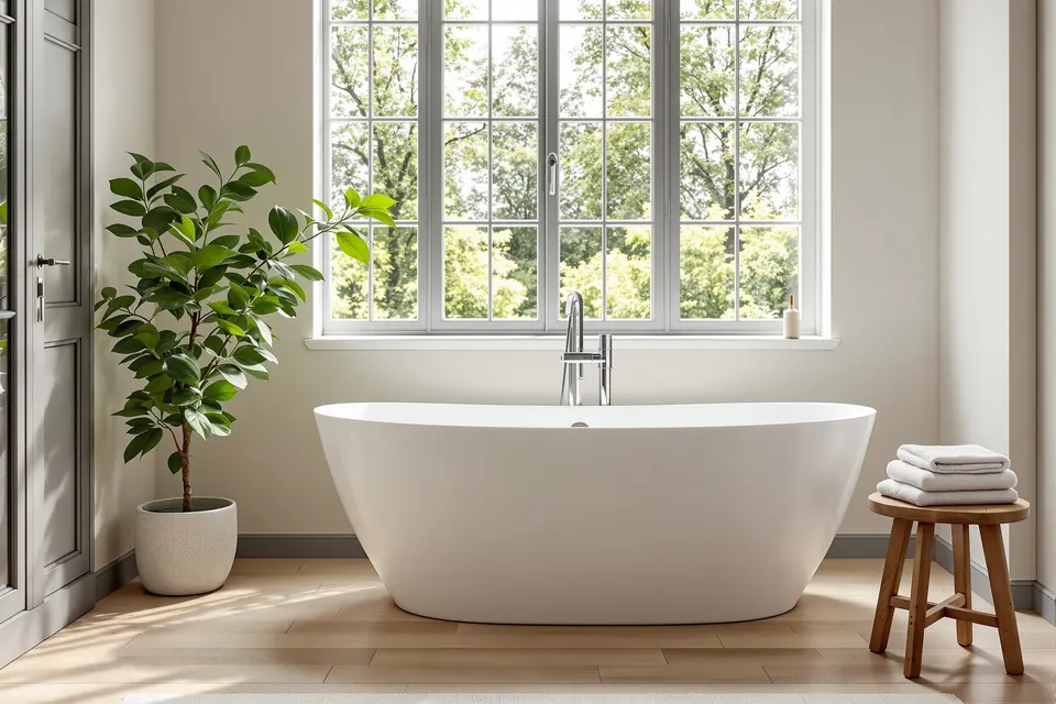 Salle de bain lumineuse avec baignoire îlot et sol effet bois