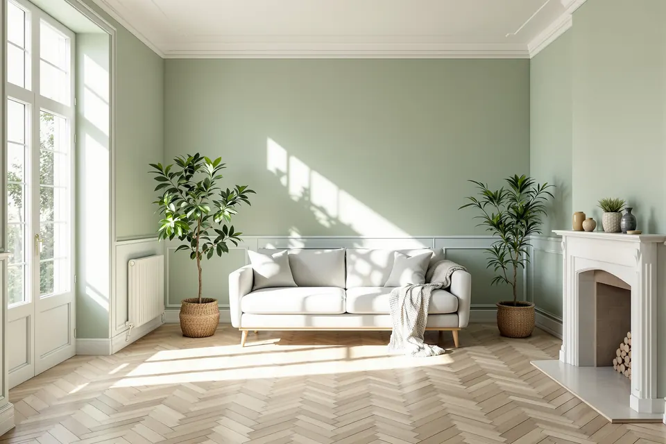 Séjour aux murs vert sauge avec un parquet en chêne clair