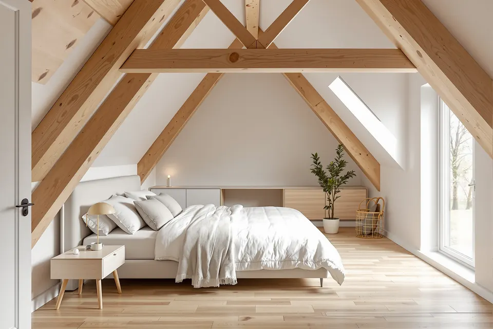 Chambre lumineuse sous une charpente en bois clair dans un étage neuf