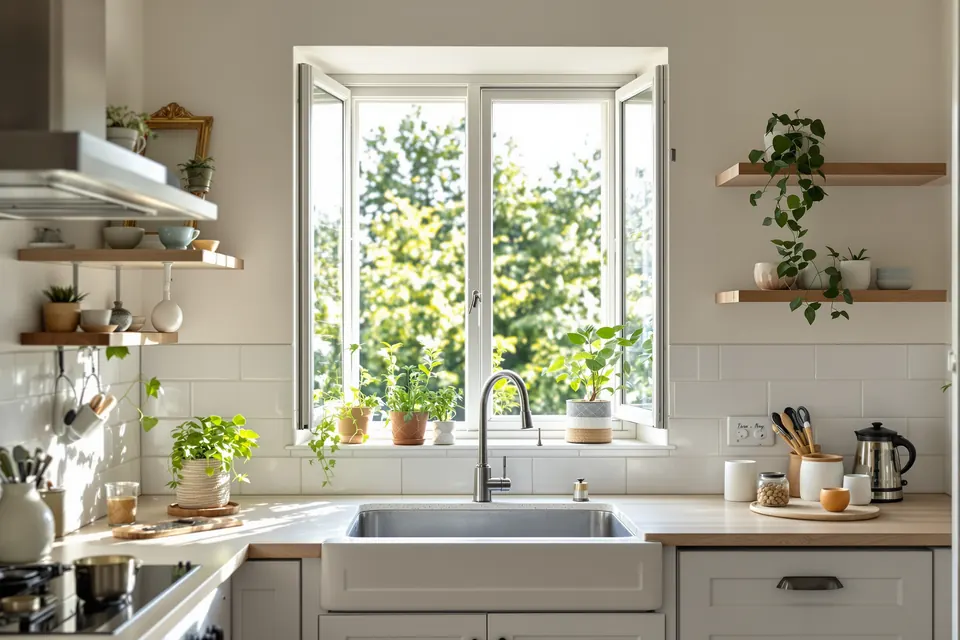 Cuisine lumineuse avec une fenêtre entrouverte