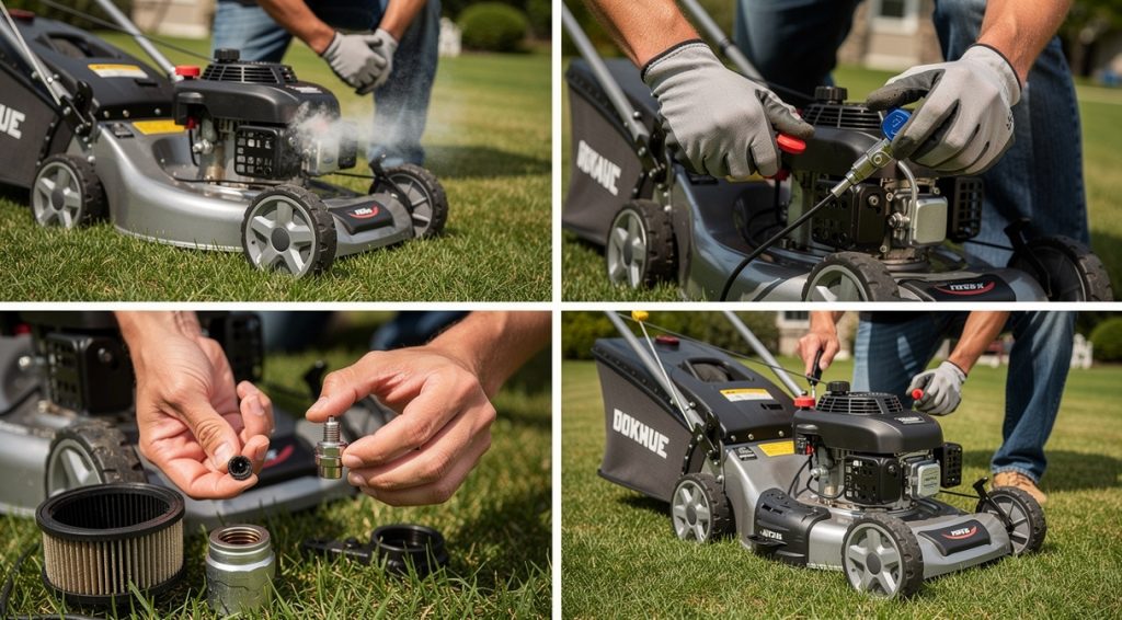 Moteur tondeuse qui pète et ne démarre pas : causes et solutions