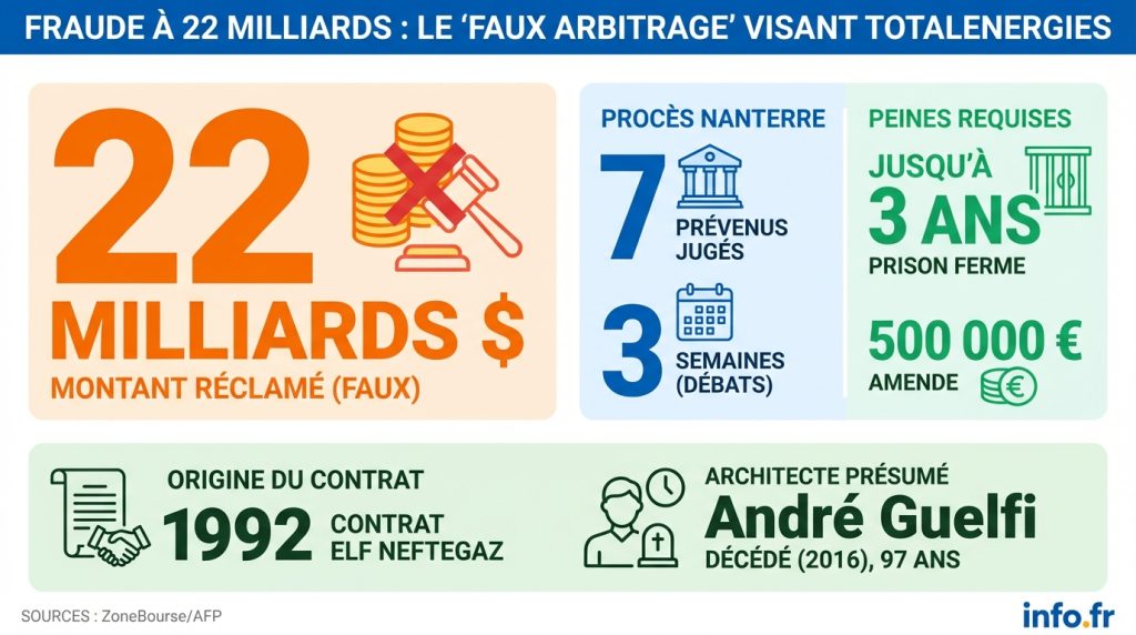 Infographie récapitulant les chiffres clés de la tentative d'escroquerie visant TotalEnergies jugée à Nanterre le 19 mars 2026.