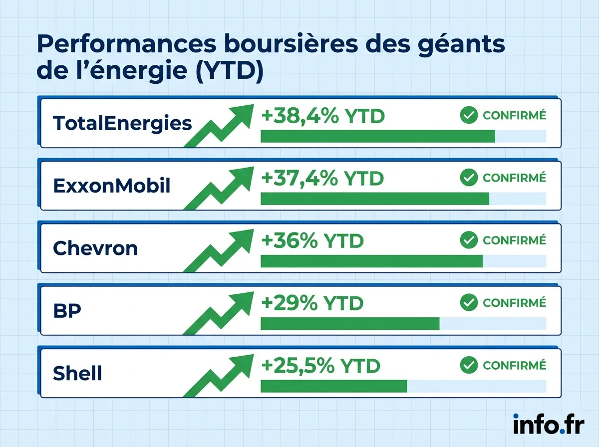 Performance boursière 2026 des majors pétrolières Infographie : Performance boursière 2026 des majors pétrolières
