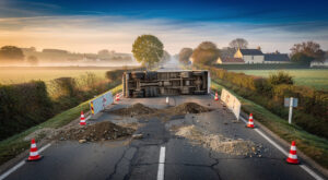 Collision frontale sur la RD1082 à Saint-Laurent-la-Conche : un blessé grave, le camion renversé