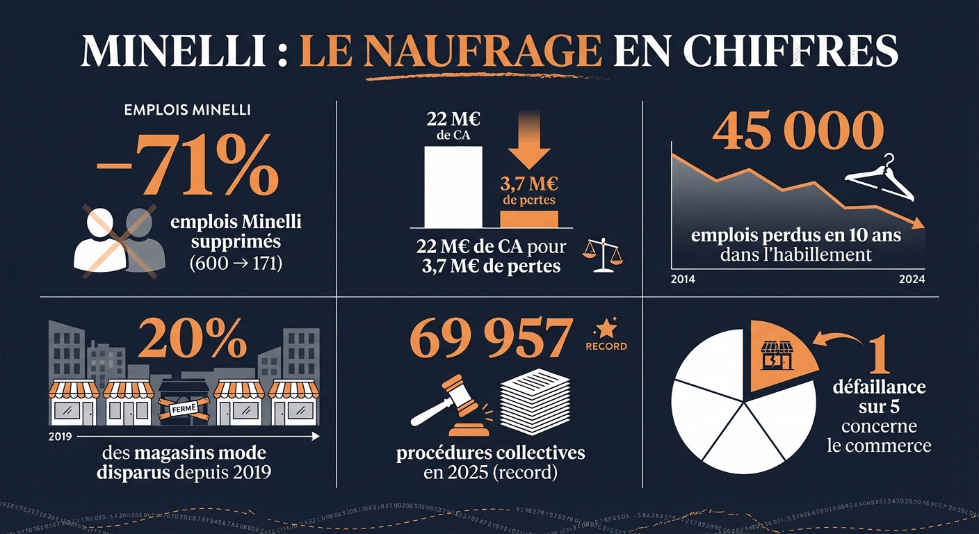 Chiffres clés de la crise du commerce de mode français : emplois perdus, magasins fermés et défaillances d'entreprises entre 2015 et 2026.