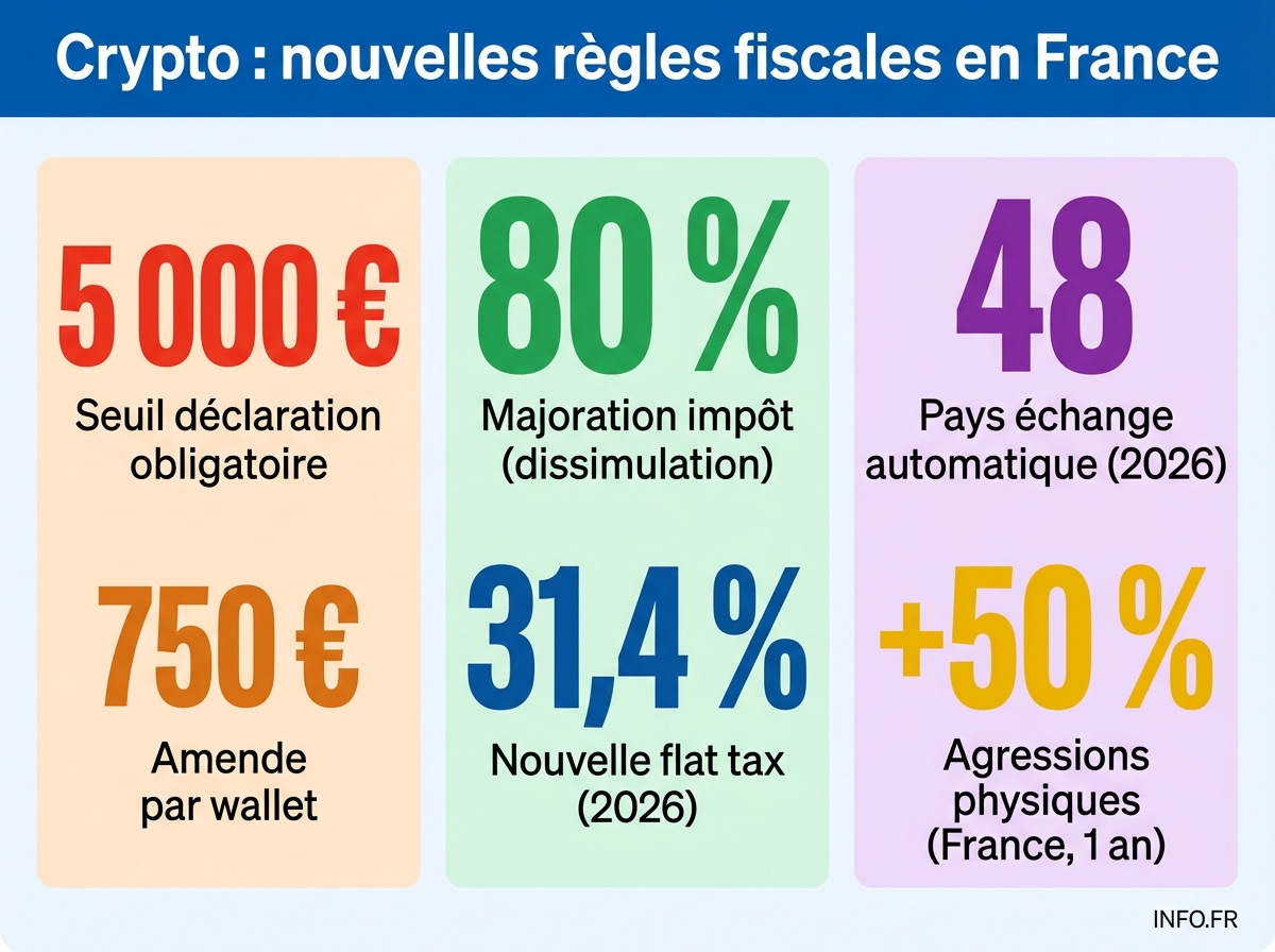 Chiffres clés de la nouvelle obligation de déclaration fiscale des wallets crypto self-custody en France à partir de 2026.