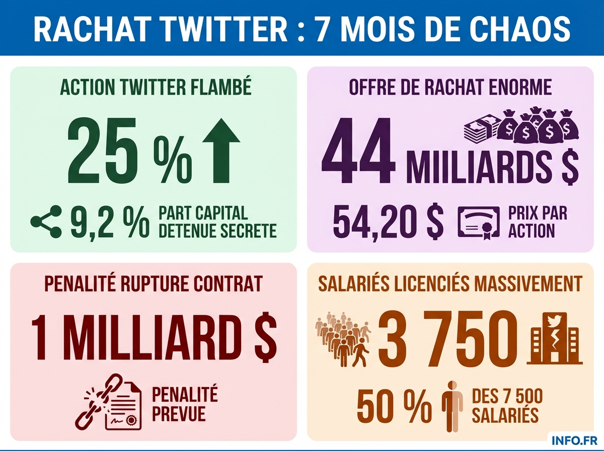 Chronologie et chiffres clés du rachat de Twitter par Elon Musk en 2022, de l'achat secret d'actions à la finalisation à 44 milliards de dollars.
