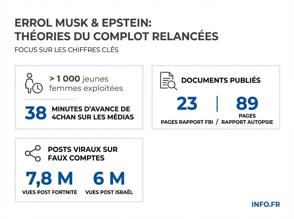 Chiffres clés de l'affaire Epstein : documents publiés, vues des théories du complot et éléments factuels de l'enquête.