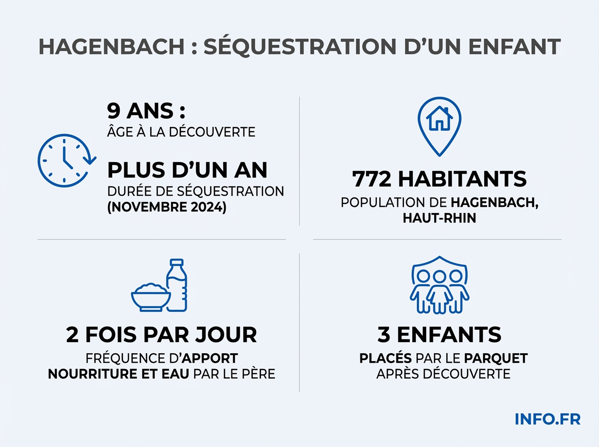 Données clés de l'affaire de séquestration d'un enfant de 9 ans dans une camionnette à Hagenbach, Haut-Rhin, avril 2026.