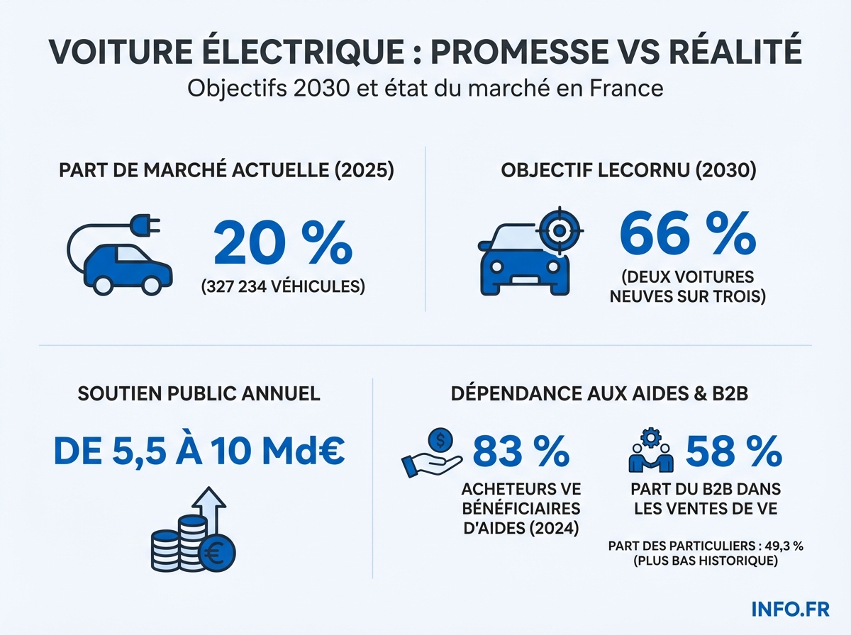 Comparaison entre la part de marché actuelle de la voiture électrique en France (20 %) et l'objectif gouvernemental de 66 % en 2030, avec les données clés du marché.