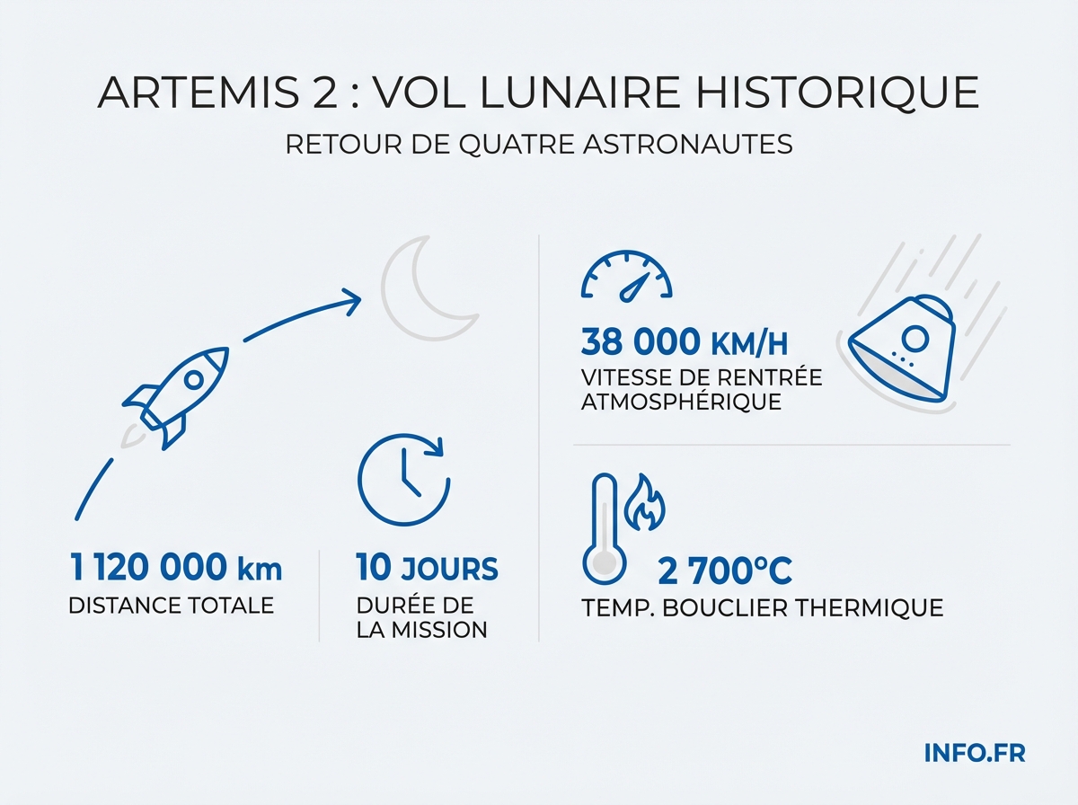 Données clés de la mission Artemis 2 : distance parcourue, durée, vitesse de rentrée atmosphérique et coûts du programme lunaire de la NASA.