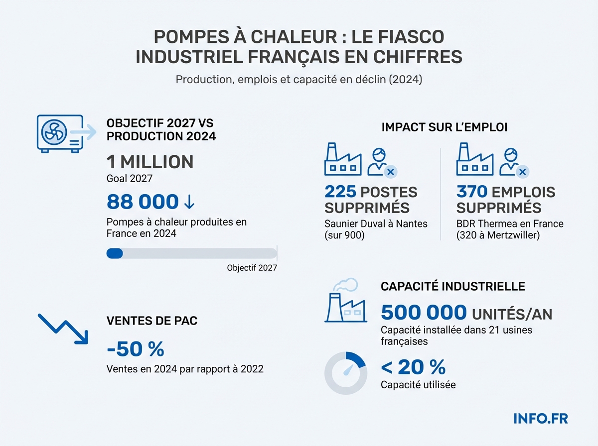 Bilan chiffré de la crise de la filière française des pompes à chaleur : production, emplois supprimés et capacités sous-utilisées en 2024-2025.