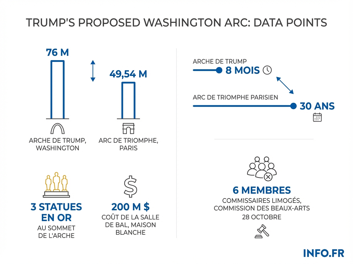 Comparaison entre l'arc de triomphe projeté par Trump à Washington (76 m) et l'Arc de Triomphe de Paris (49,54 m, 100 000 tonnes), avec les données clés du projet et ses zones d'ombre budgétaires.