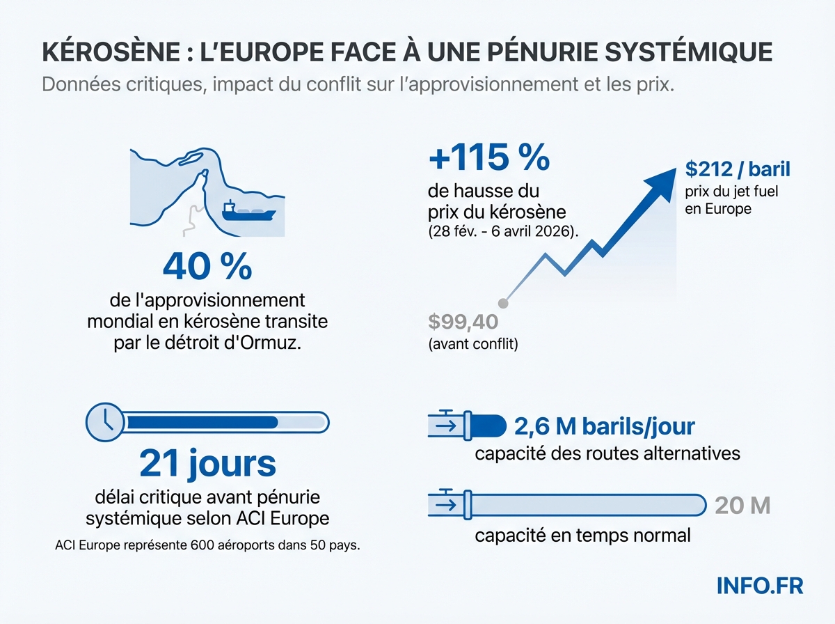Chiffres clés de la crise du kérosène en Europe après le blocage du détroit d'Ormuz en avril 2026.