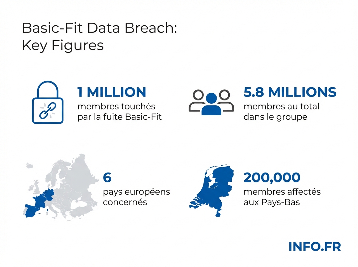 Données clés de la cyberattaque Basic-Fit du 13 avril 2026: nombre de membres touchés, pays concernés et ampleur du réseau.