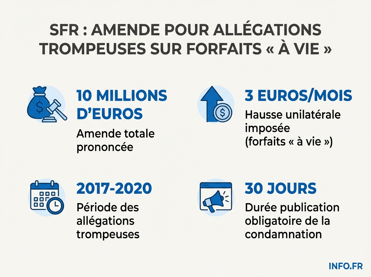 Chronologie et montants clés de la condamnation de SFR pour pratiques commerciales trompeuses sur ses forfaits RED « garanti à vie » (2017-2026).