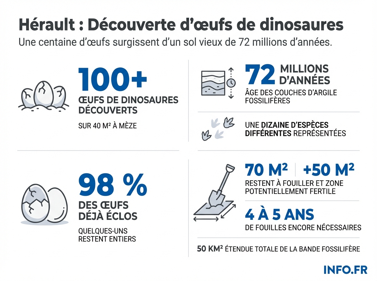 Données clés de la découverte paléontologique de Mèze: nombre d'œufs, densité record, datation, superficie fouillée et durée estimée des recherches.