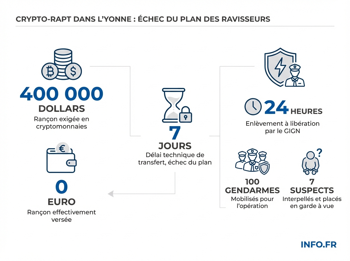 Chronologie et chiffres clés du crypto-rapt de Quarré-les-Tombes: de l'enlèvement à la libération par le GIGN en 24 heures.