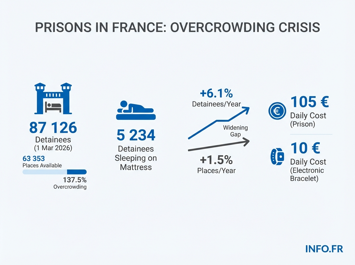 Surpopulation carcérale en France: chiffres clés des détenus, places disponibles, taux d'occupation et récidive en 2026.
