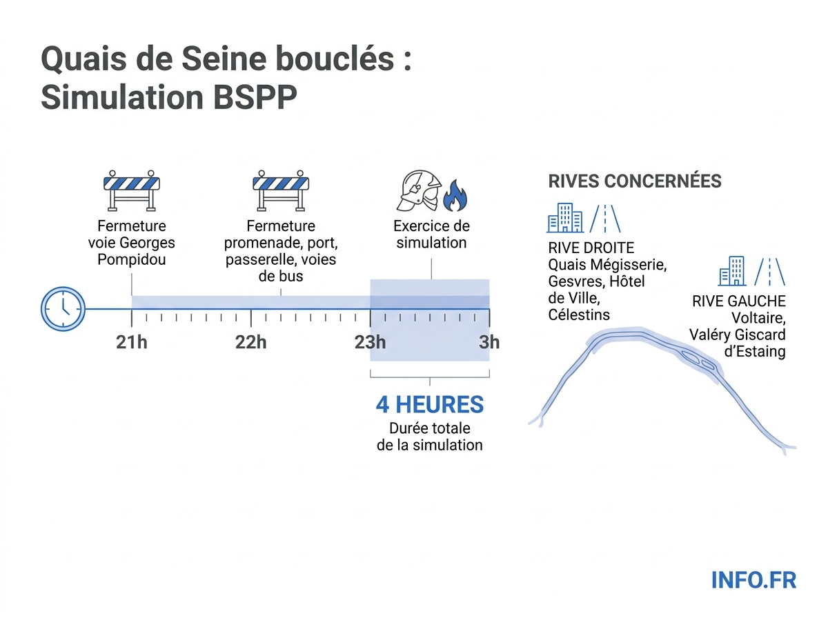 Chronologie des fermetures de voies et des restrictions de circulation sur les quais de Seine à Paris lors de l'exercice de la BSPP dans la nuit du 16 au 17 avril.