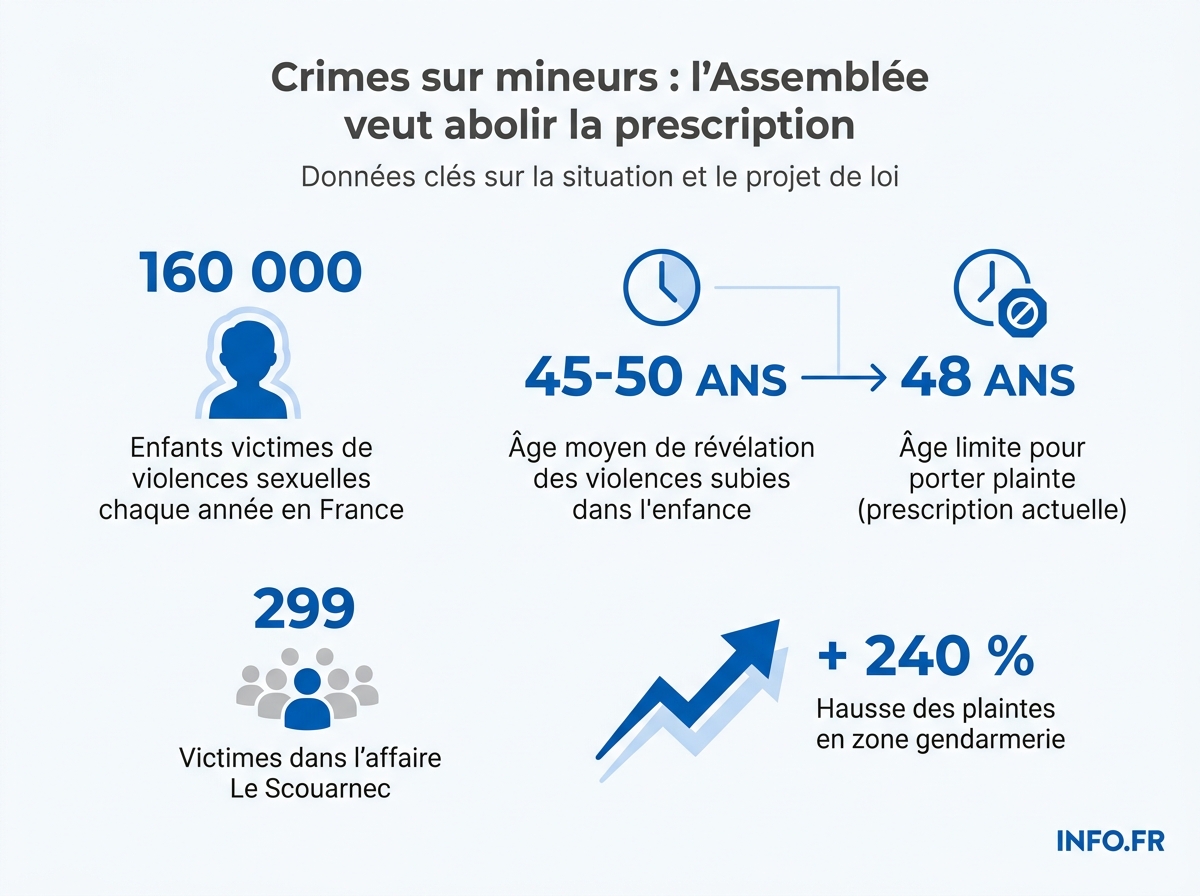 Chiffres clés du rapport parlementaire sur l'imprescriptibilité des crimes sur mineurs présenté le 15 avril 2026.