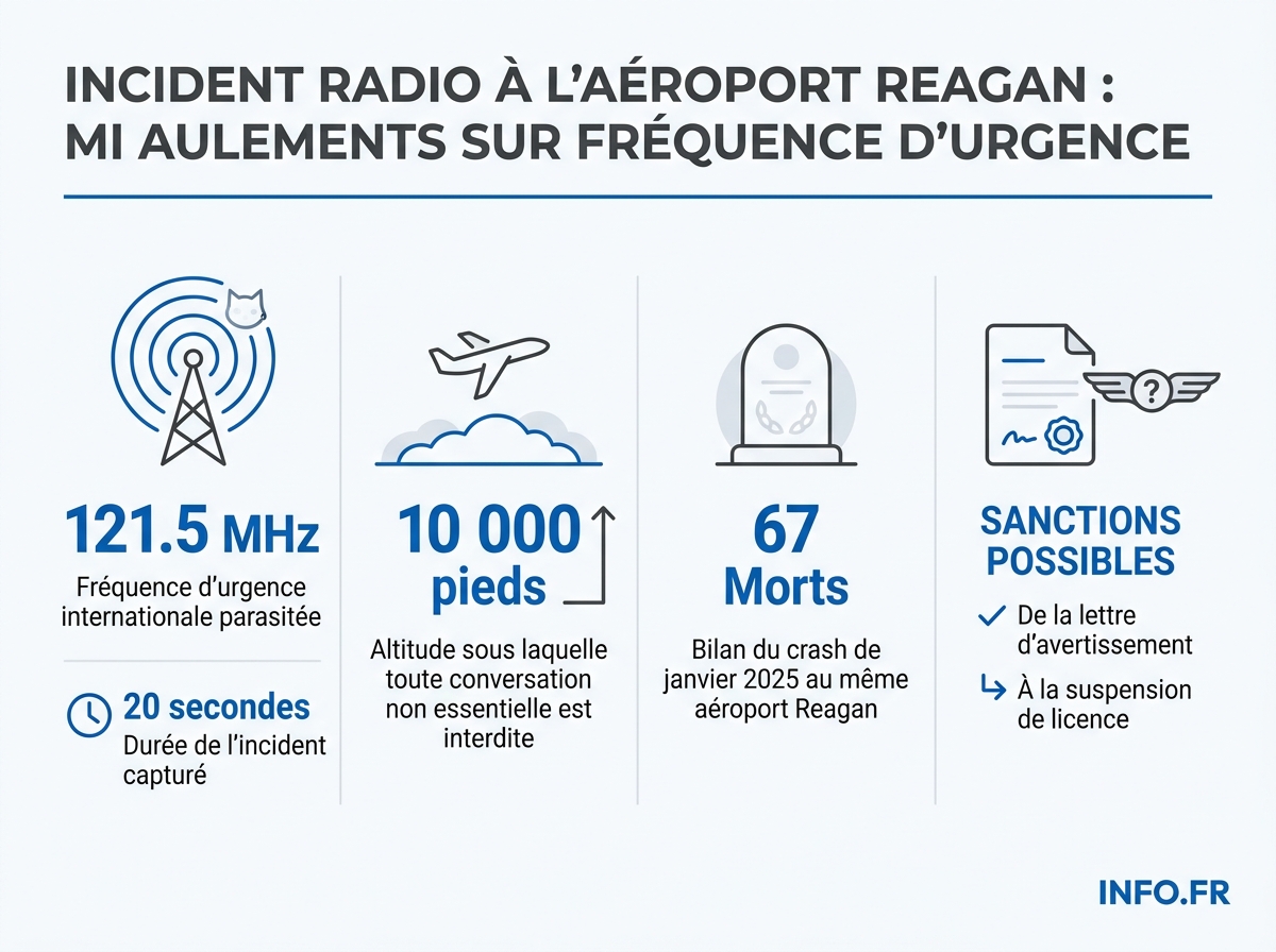 Données clés de l'incident des pilotes miaulent sur la fréquence d'urgence 121.5 MHz près de l'aéroport Reagan en avril 2026.