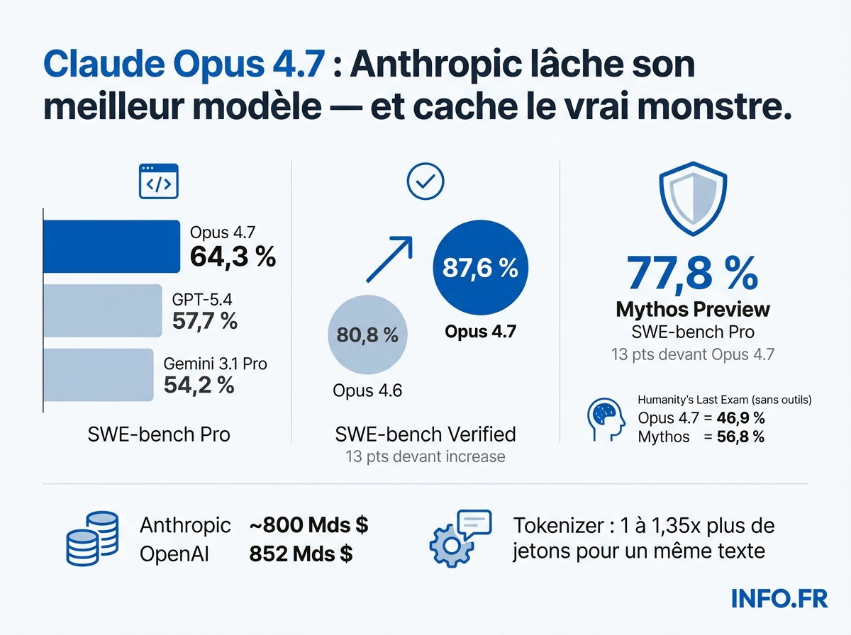 Comparaison des scores de Claude Opus 4.7, GPT-5.4 et Gemini 3.1 Pro sur les benchmarks SWE-bench Pro et Verified, avril 2026.