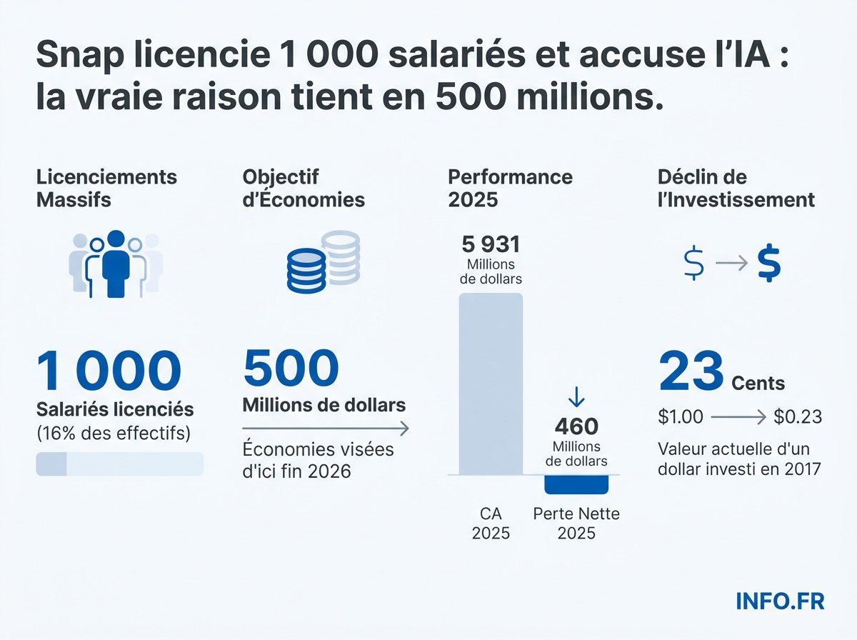Chiffres clés du plan de licenciement de Snap annoncé le 15 avril 2026: 1 000 départs, 500 millions d'économies, une action en baisse de 28% sur l'année.